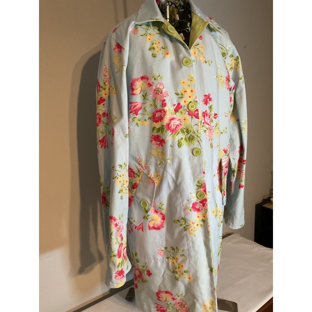Calvin Klein Reversible Floral Trench Coat Blue Pink Yellow Lime Green Button
